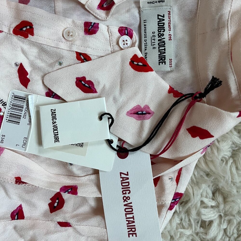 NWT Zadig & Voltaire Women's Red Lip Print Shirt TESSI CREPE - Picture 3 of 5